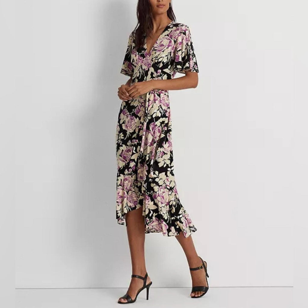 NEW Lauren Ralph Lauren Floral Belted Jersey Dress Size 16 EXCELLENT Retail $338