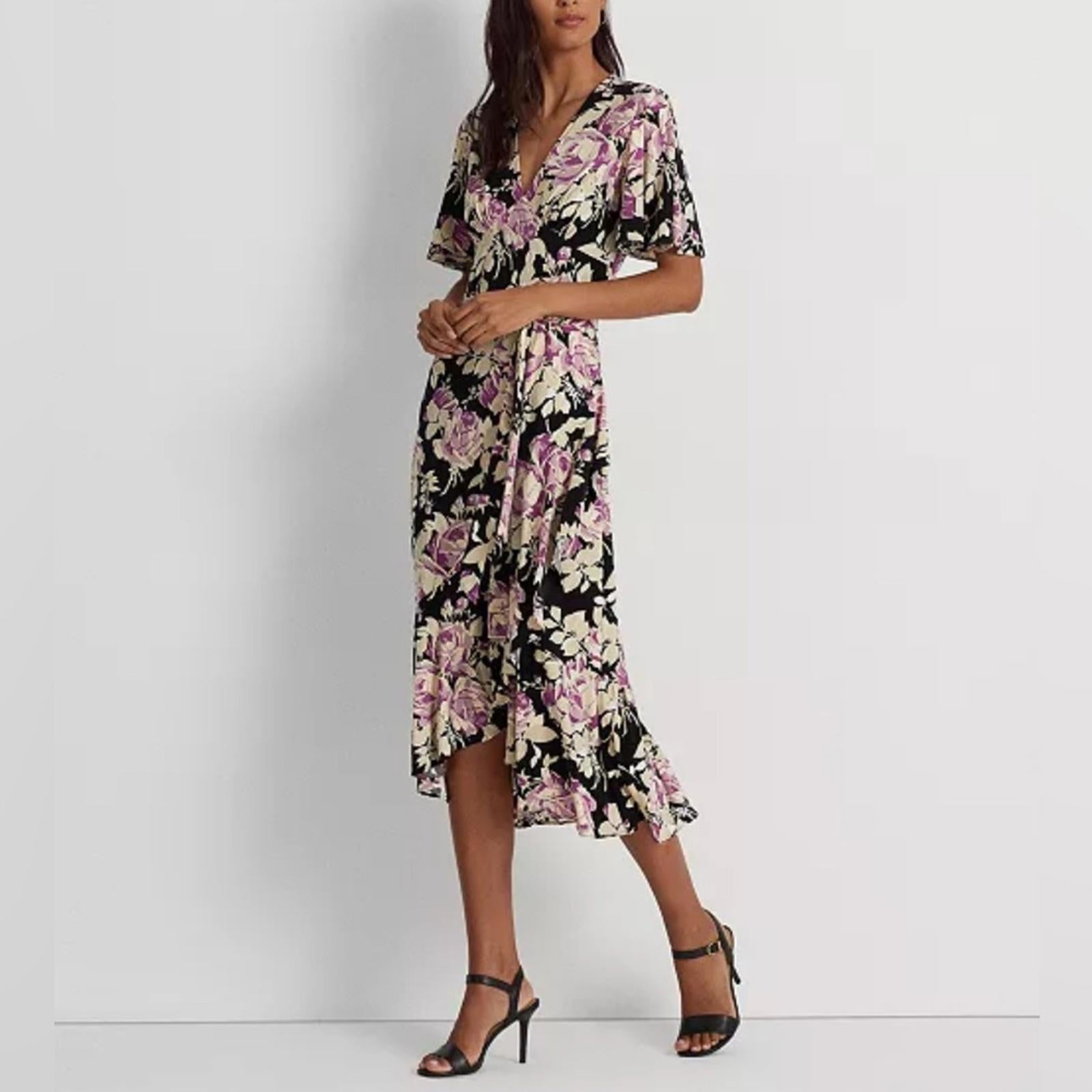 NEW Lauren Ralph Lauren Floral Belted Jersey Dress Size 16 EXCELLENT Retail $338