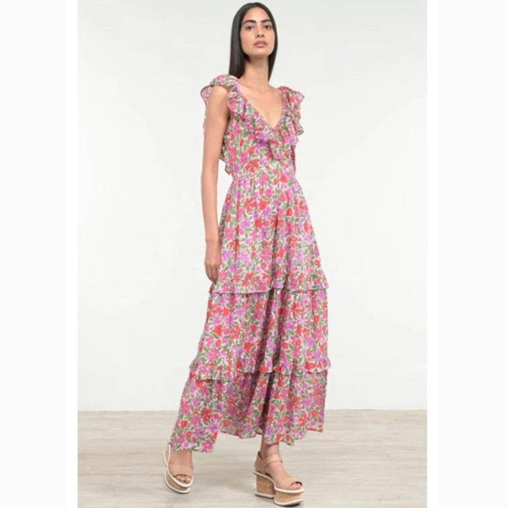 Banjanan Twiggy Floral Print Tiered Dress, Melodic Floral Bonbon, Size XS NWT