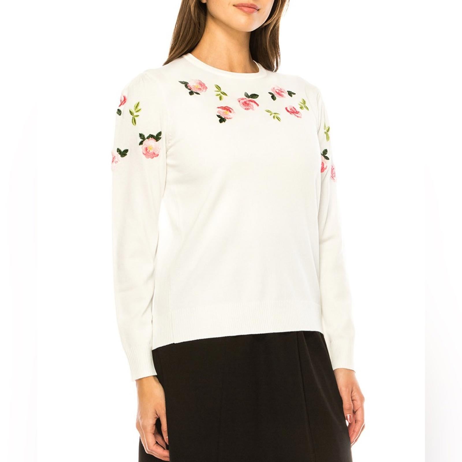 YAL New York Petal Soft White Embroidered Crewneck Sweater, Size XL New w/Tag