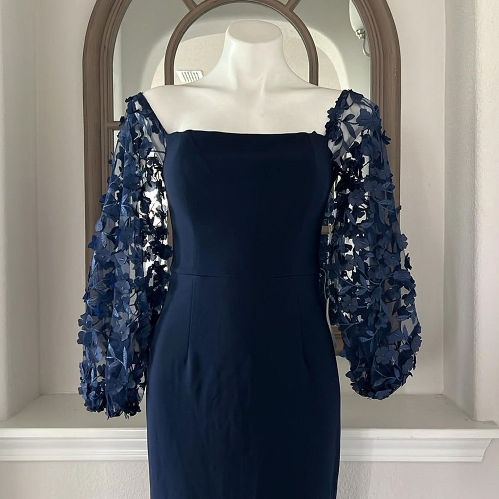 Eliza J. Off-the-Shoulder Mesh-Sleeve Gown in Navy, Size 4, New w/Tag