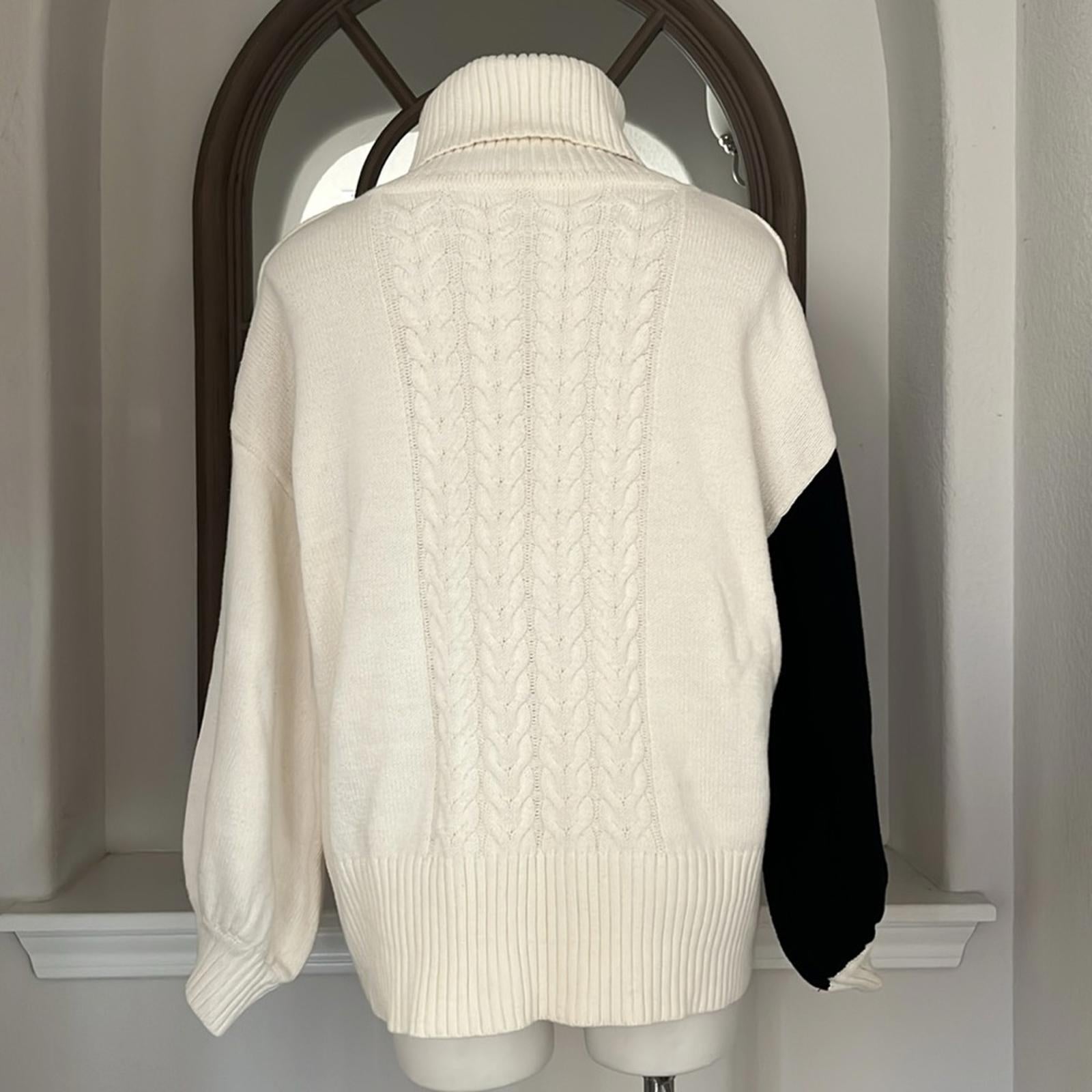 Cable Knit Turtleneck Sweater with Puff Sleeves in White Multi, Size M NWT