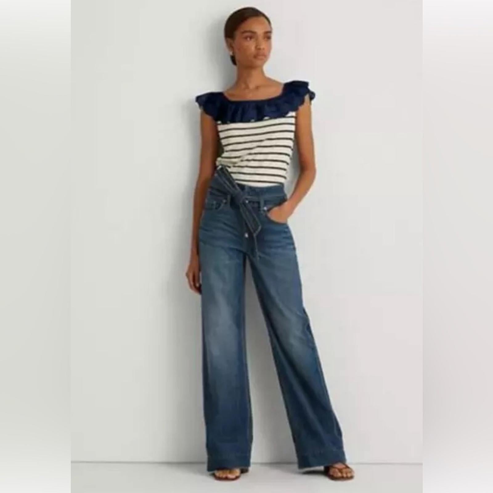 Lauren Ralph Lauren Striped Eyelet Ruffle Top, Cap Sleeve Round Neck Size XL NWT
