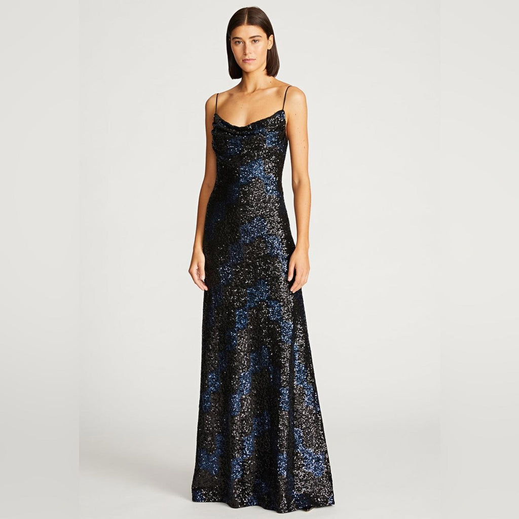 Halston Syrena Gown in Wave Sequined , Black/Navy Size 12 New w/Tag Retail $595