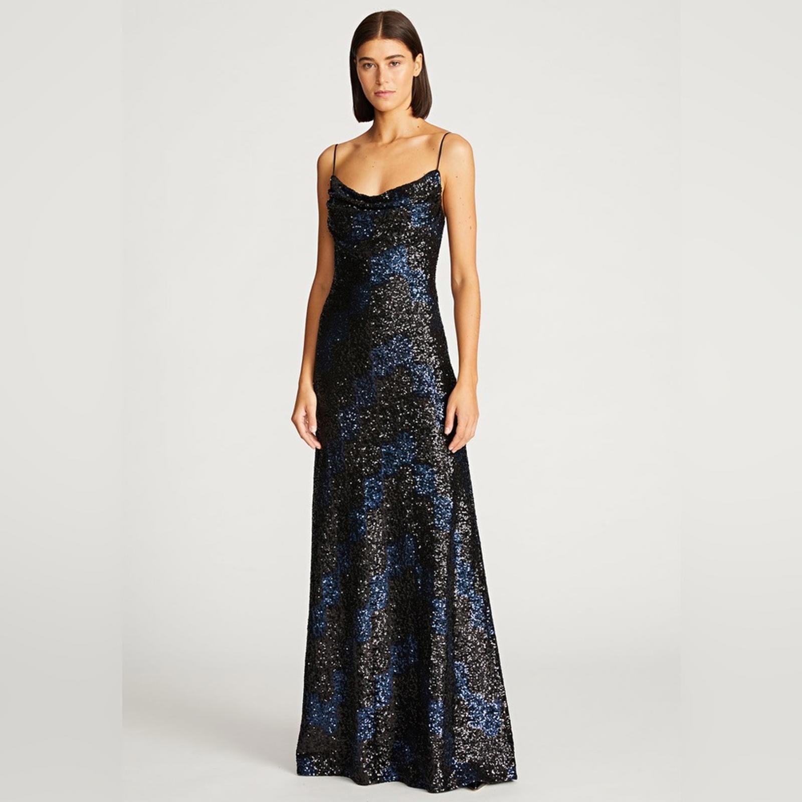Halston Syrena Gown in Wave Sequined , Black/Navy Size 12 New w/Tag Retail $595