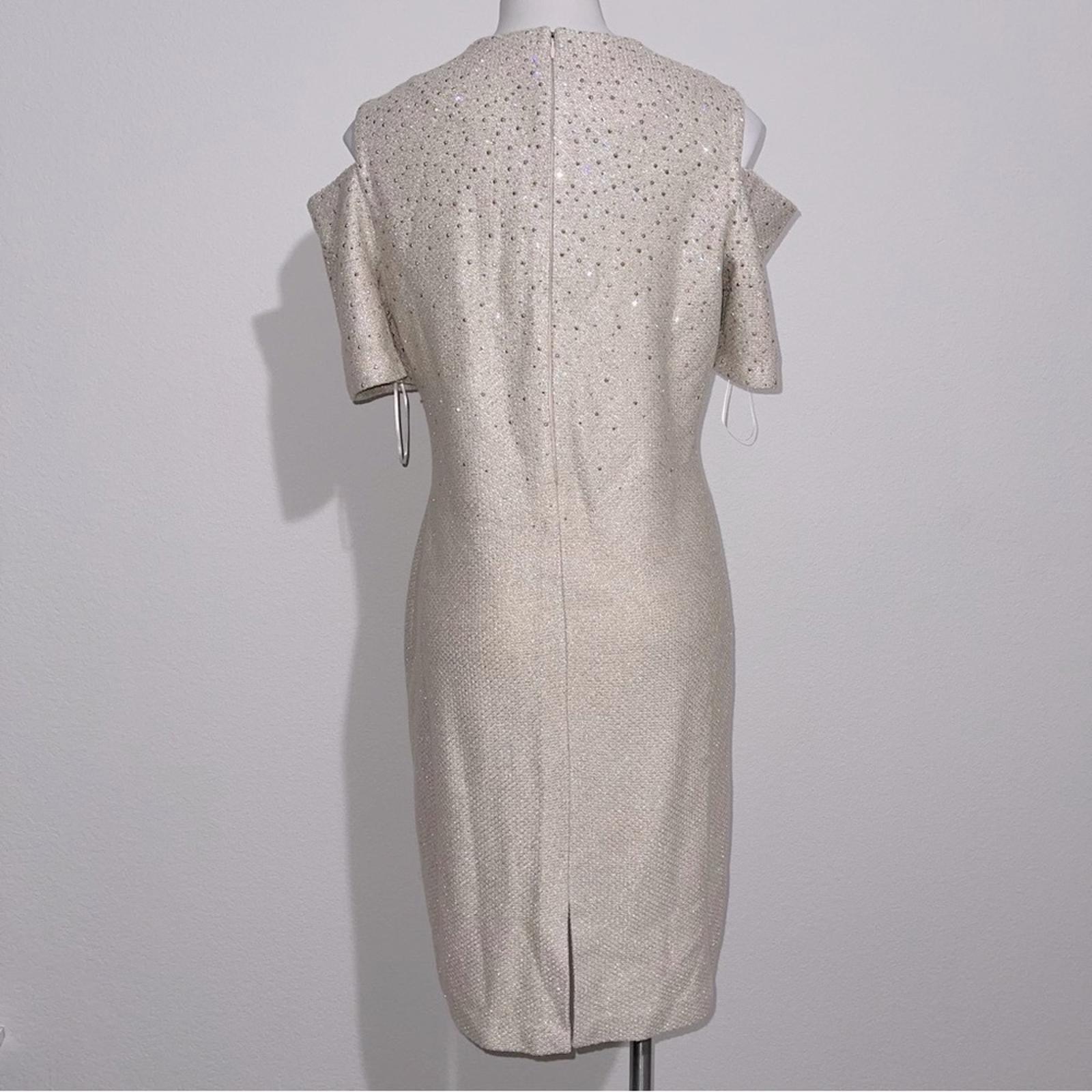 St.John Studded Cold-Shoulder Tweed Sheath Dress in Gold Multi Size 12 NWT $1795