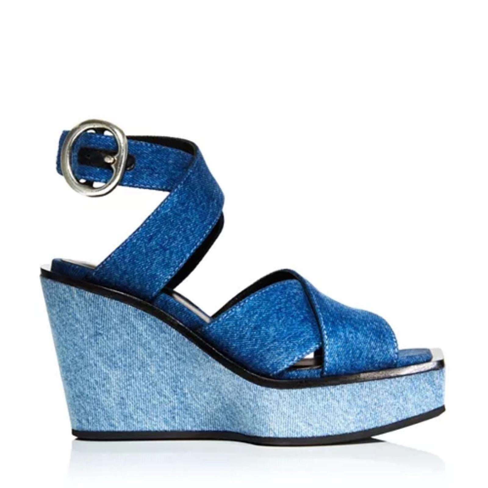 Rag & Bone Santiago Ankle Strap Platform Wedge Sandals Denim, Size 8.5/38.5 NWT