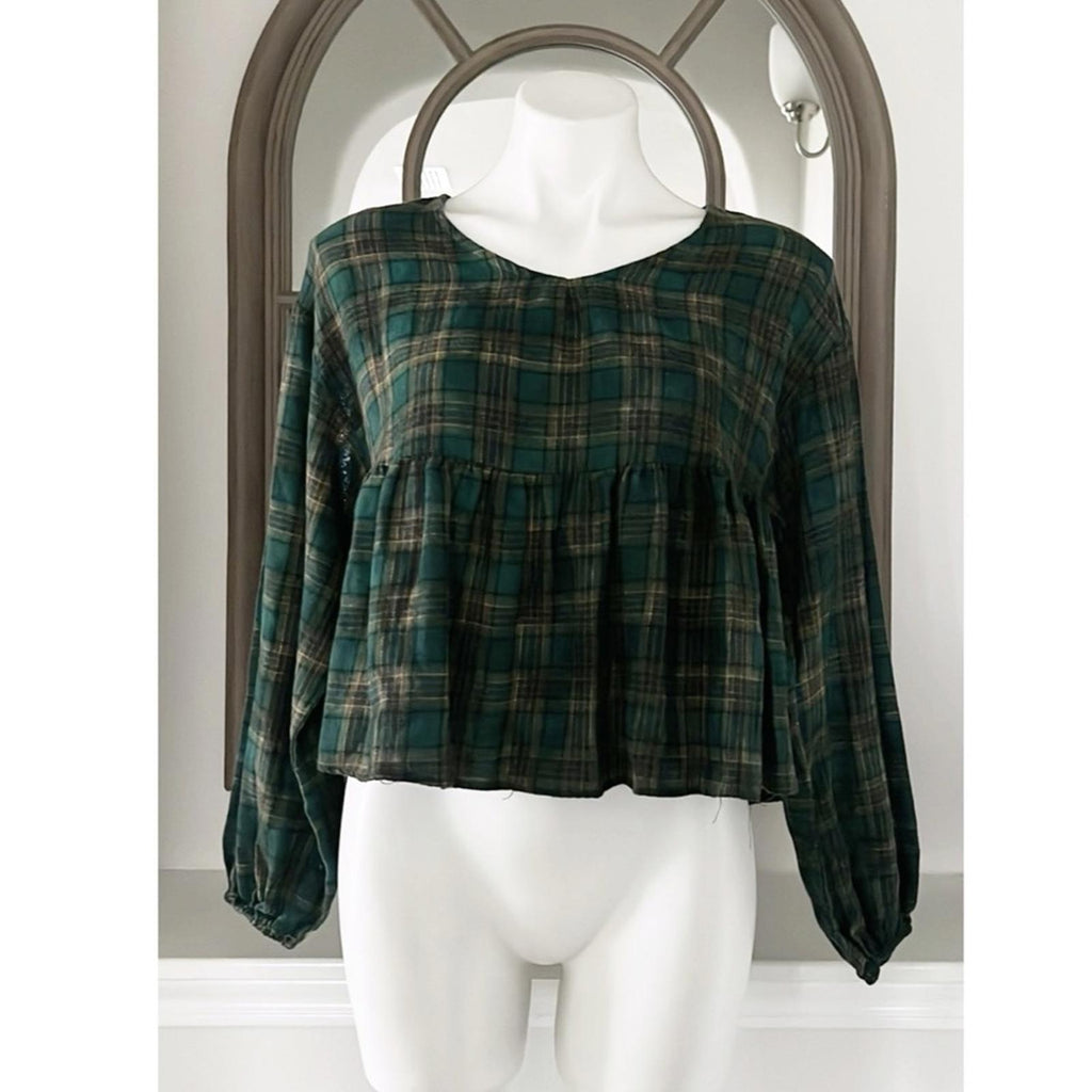 Chelsea & Violet Plaid Peplum Cropped Blouse in Olive, Size XS, New w/Tag