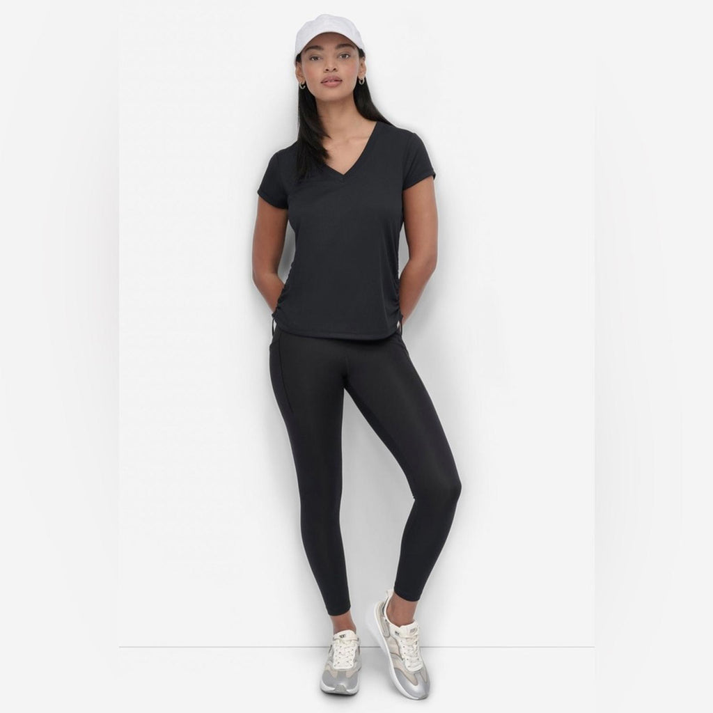 DKNY Tech-Mesh Performance V-Neck Tech Tee w/Ruched Drawcord Side Seams, NWT, M