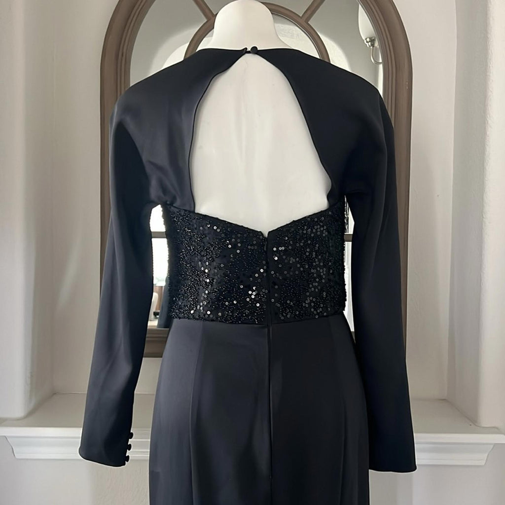 Amsale Sequined Beaded Bodice Gown, Stretch Crepe in Black, Size 10 NEW w/Tag
