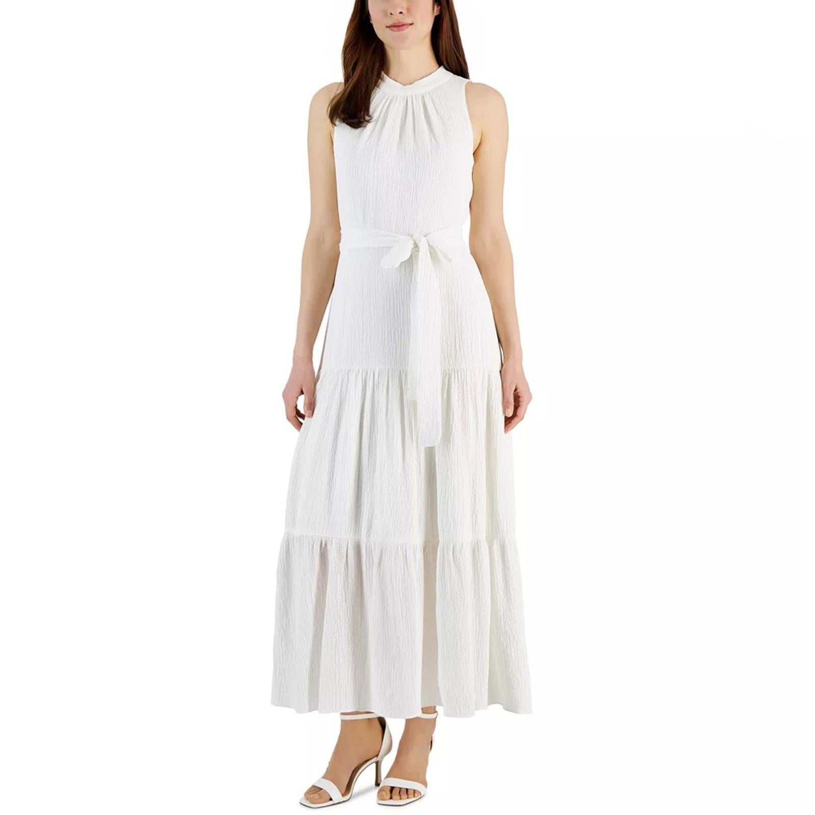 Anne Klein Tie-Neck Tiered Sleeveless Maxi Dress, Size 12 Bright White New w/Tag