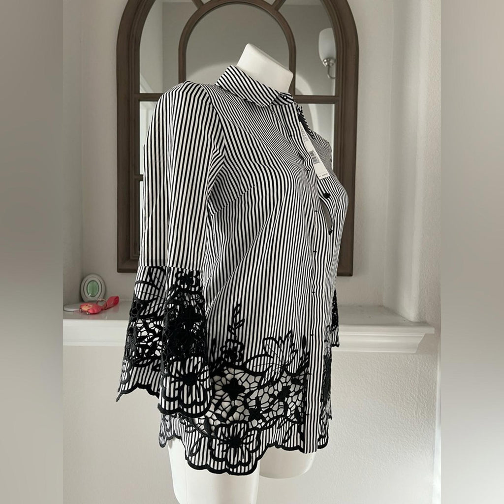 Ellie Tahari Clark Shirt Striped Lace Trim in Black & White New w/Tag $298