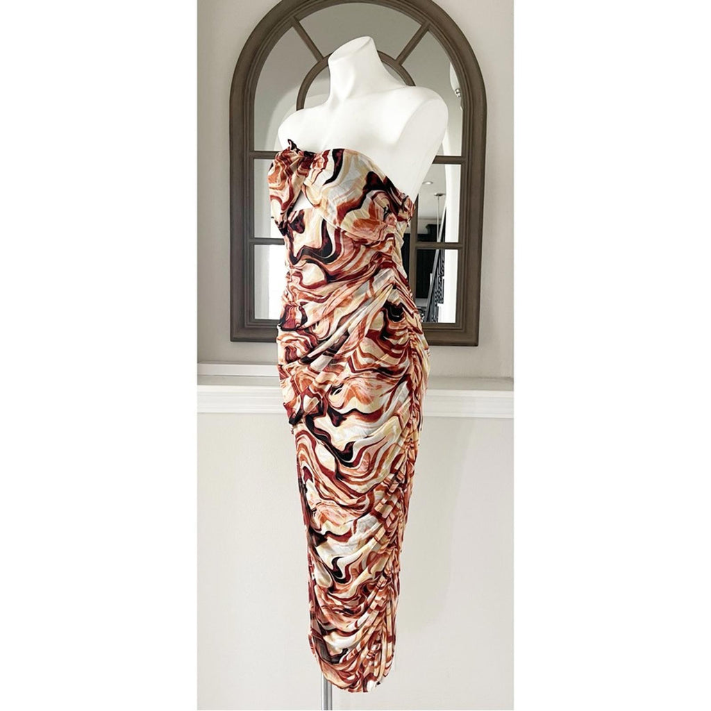 New EN SAISON Esther Ruched Cut-Out Midi Dress in Brown Size L NWOT Retail $136