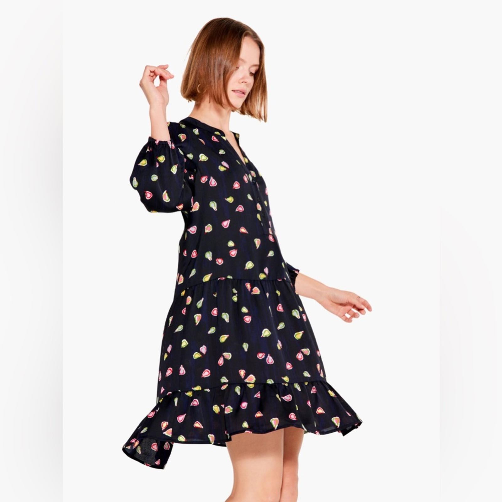 Nic+Zoe Tiered Long-Sleeve Dress w/Mandarin Collar, Black Multi, Size L NWT $188