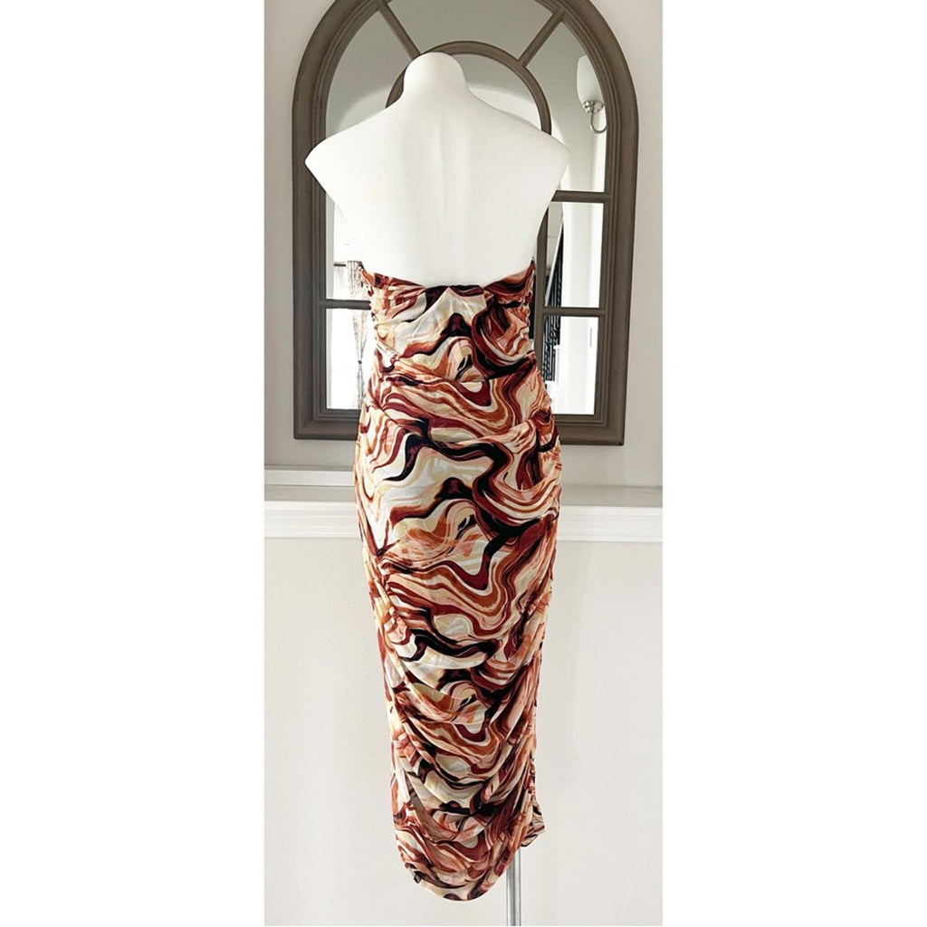 New EN SAISON Esther Ruched Cut-Out Midi Dress in Brown Size L NWOT Retail $136