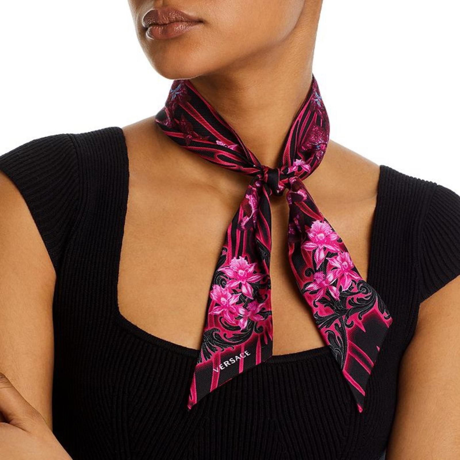 VERSACE Orchid Print Silk Skinny Scarf, NEW w/Tag