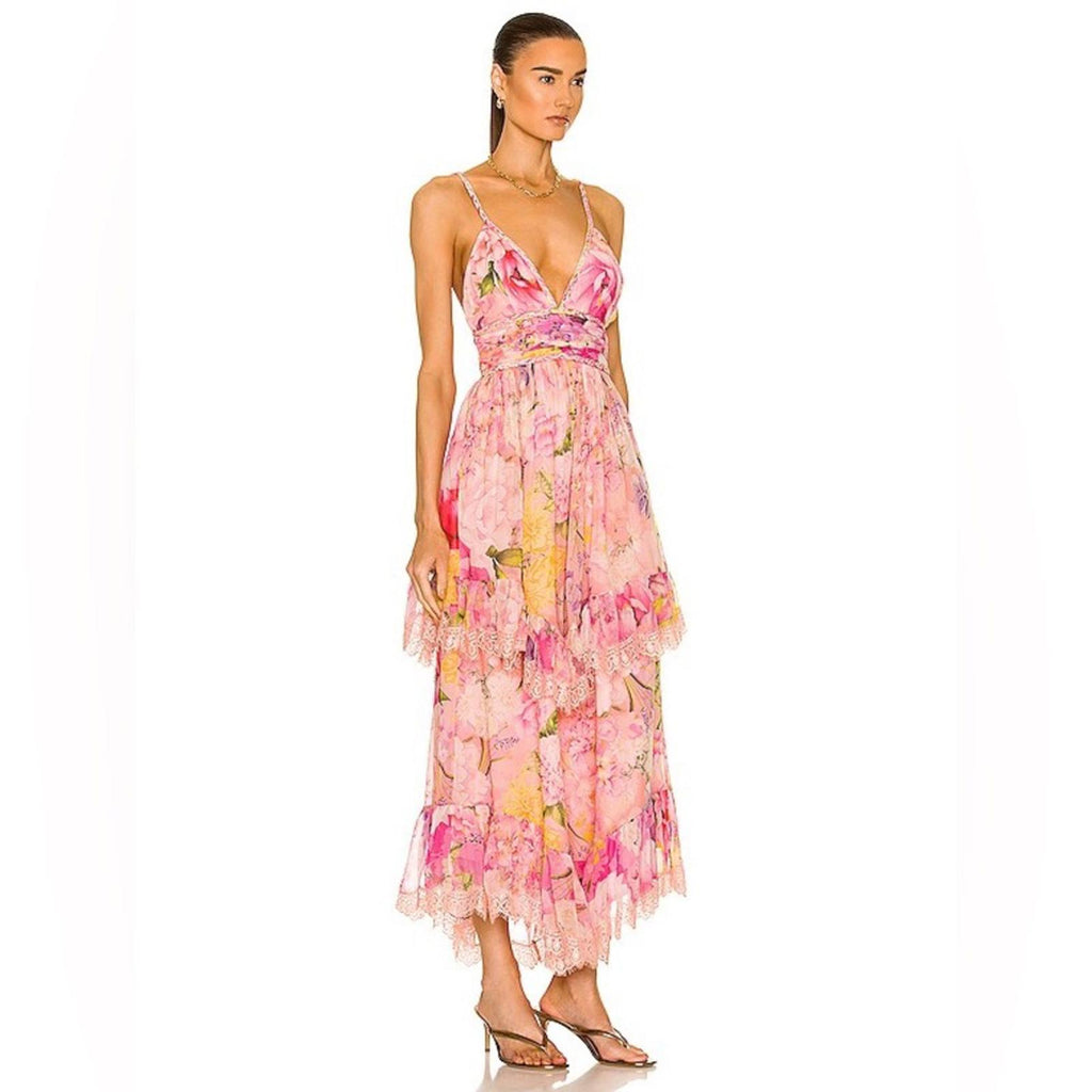 Rococo Sand x Revolve Leona Low Back Maxi Dress in Peach/Pink Floral Size L NWT