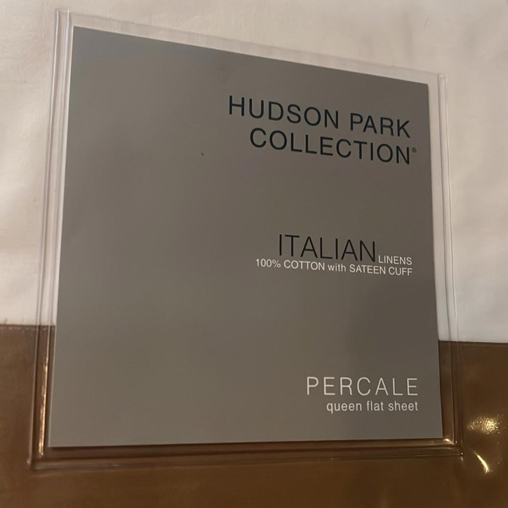 Hudson Park Collection Italian Cuff Flat Sheet in White/Brown, NWT, Queen $195