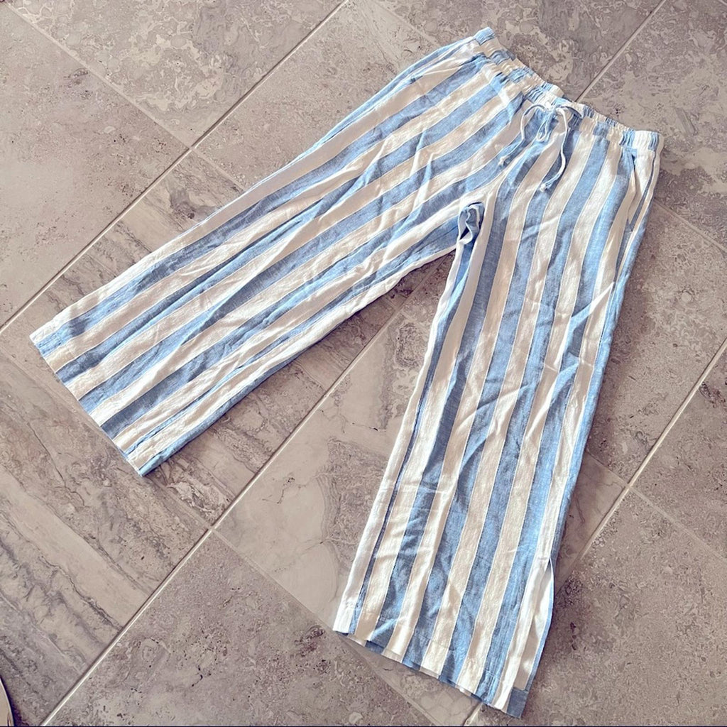 Anthropologie’s Cloth & Stone Linen Wide Leg Pants Blue & Cream Size M New w/Tag