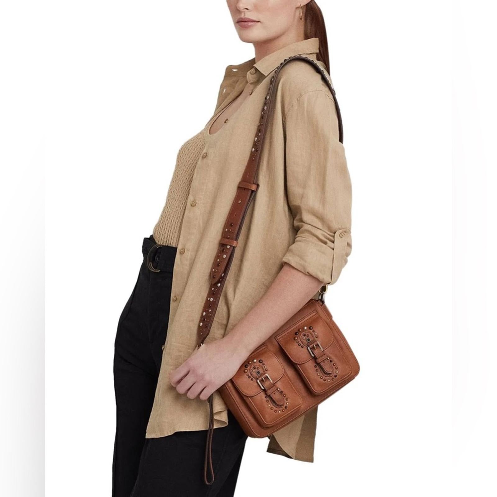 Ralph Lauren Studded Leather Noa Crossbody with Front Pockets, Brown, New w/Tag