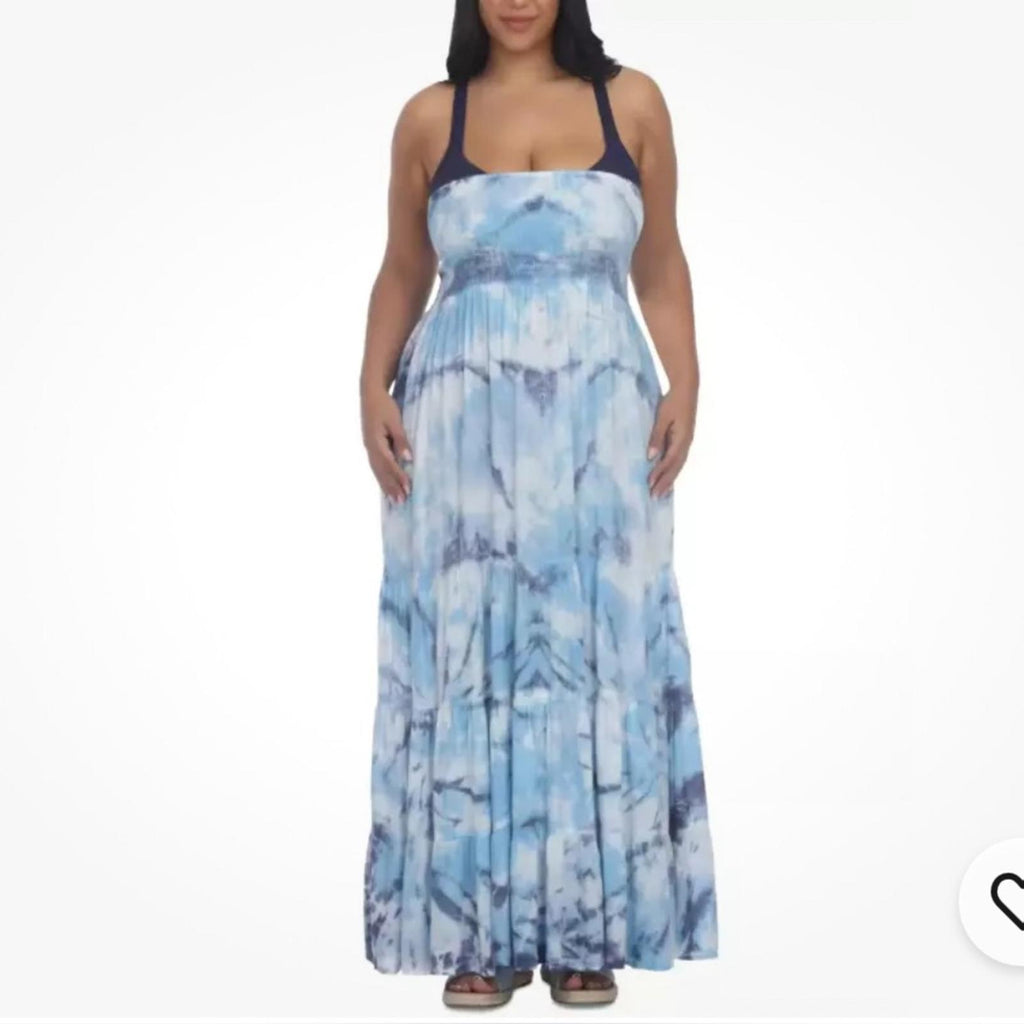 RAVIYA Strapless Tiered Tie-Dye Maxi Dress Cover-Up in Blue/Sky Size 2X NWT