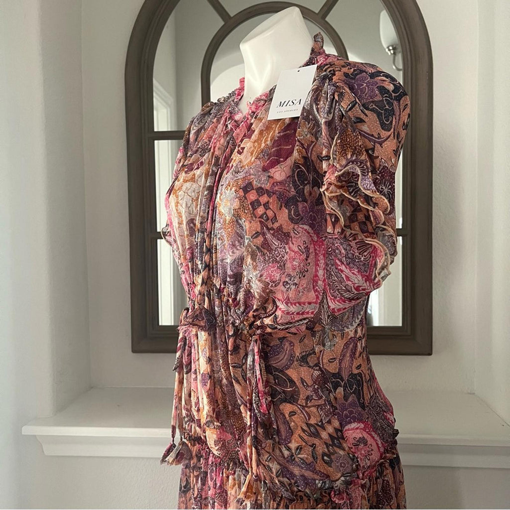 MISA Ilya Split-Neck Tiered Midi Dress, Boho Maxi Size XS New w/Tag $430