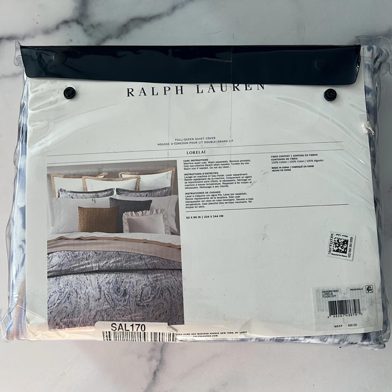 Ralph Lauren Lorelai Cotton Sateen Queen Duvet Cover in Periwinkle, NEW w/Tag