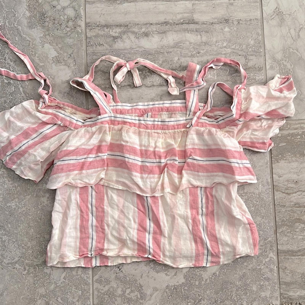 Parker 100% Linen Striped Scotlyn Off-the-Shoulder Top, Pink/White Size S Retail