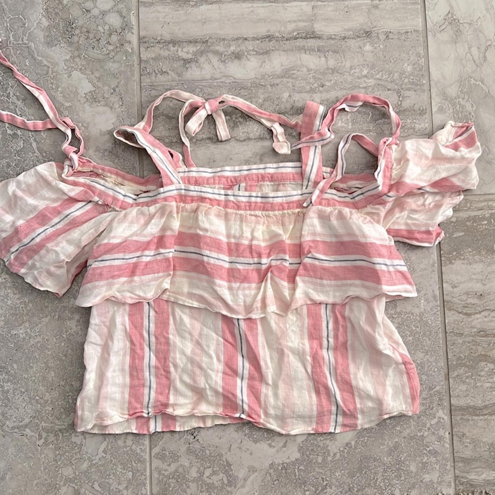 Parker 100% Linen Striped Scotlyn Off-the-Shoulder Top, Pink/White Size S Retail