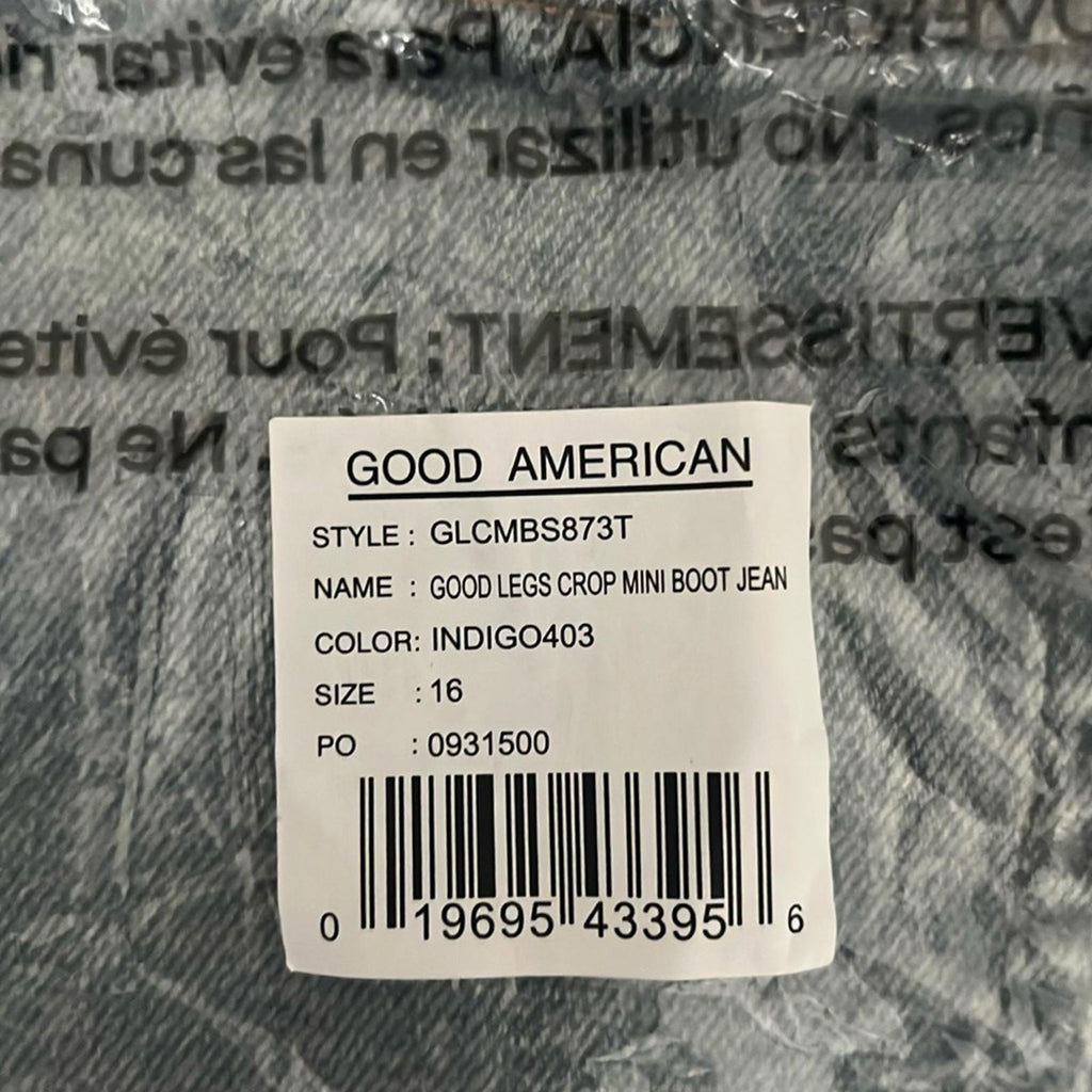 Good American GLC High Rise Mini Bootcut Jeans in Indigo, NWT, Size 16