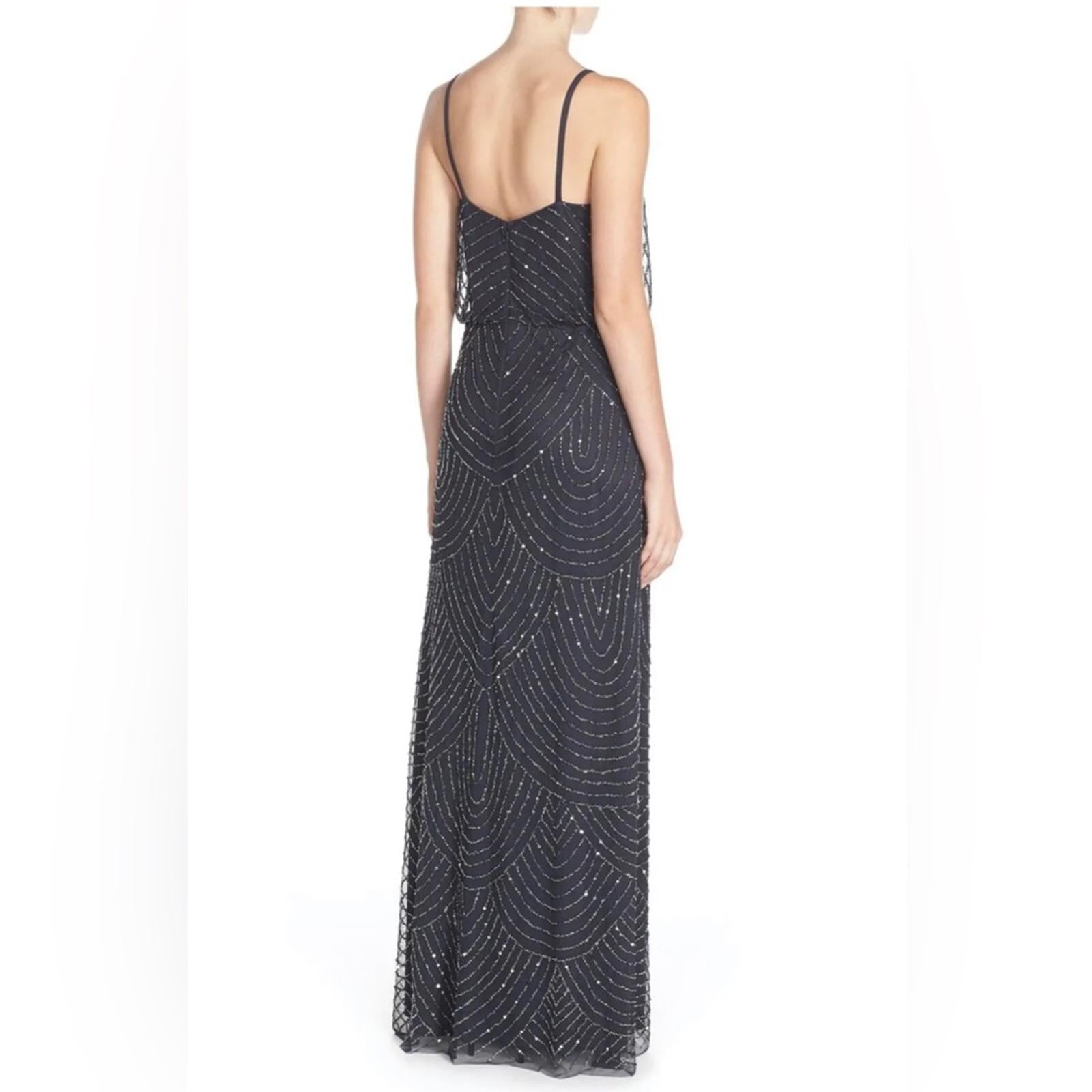 Adrianna Papell Art Deco Beaded Blouson Gown, Navy w/Silver Sequins Size 4