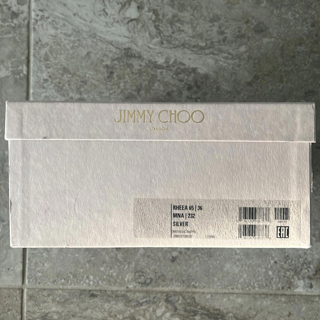 Jimmy Choo Rheea 65 Block Heel Sandals in Silver, Size 36 New in Box w/DustBag
