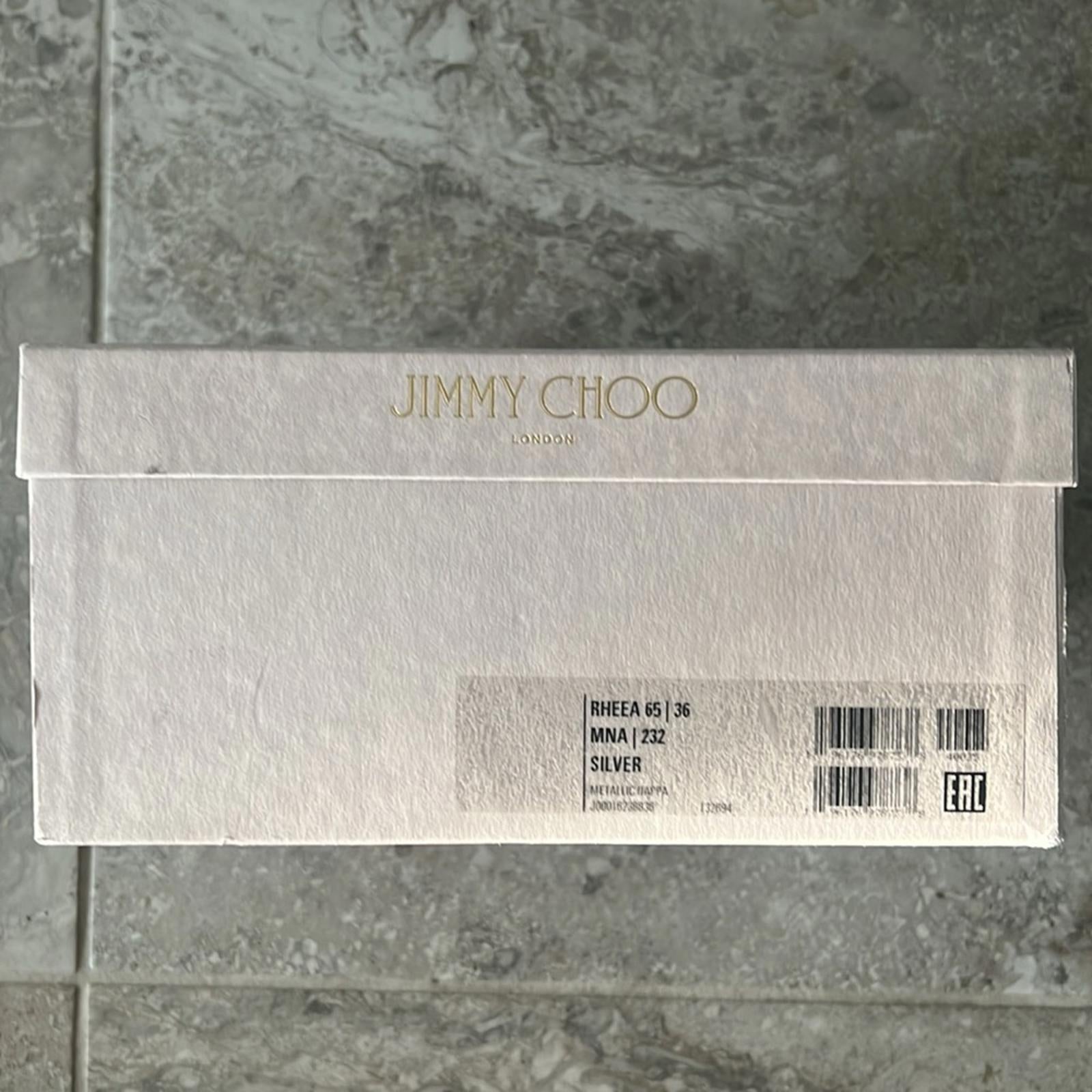 Jimmy Choo Rheea 65 Block Heel Sandals in Silver, Size 36 New in Box w/DustBag