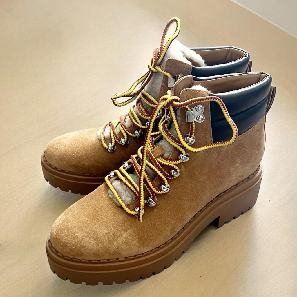 Marc Fisher LTD Nairy Lace-Up Genuine Shearling Lug Sole Bootie Tan, Size 7 NEW