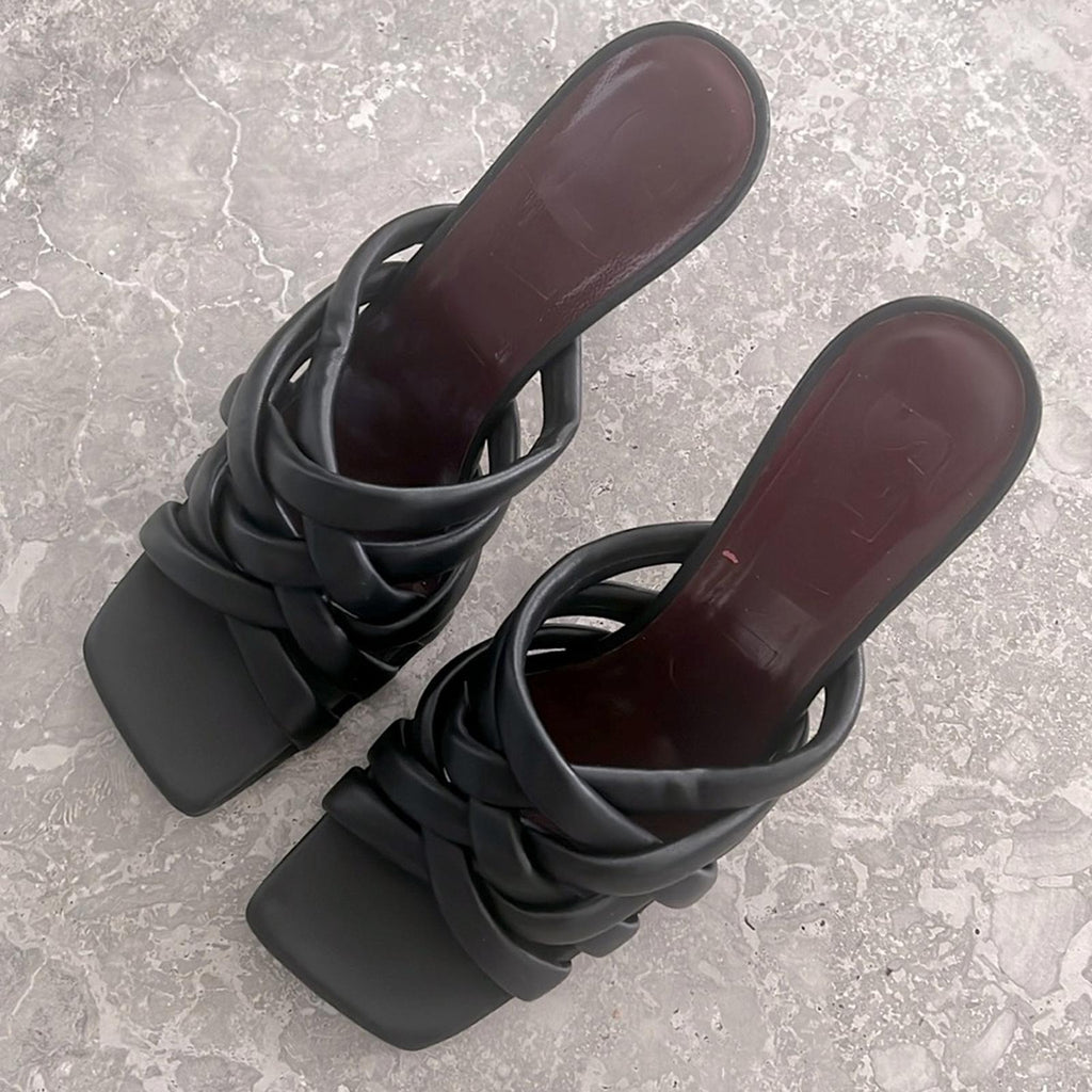 New STAUD Deepwater Square Toe Woven Strappy High Heel Sandals, Black Size 39.5