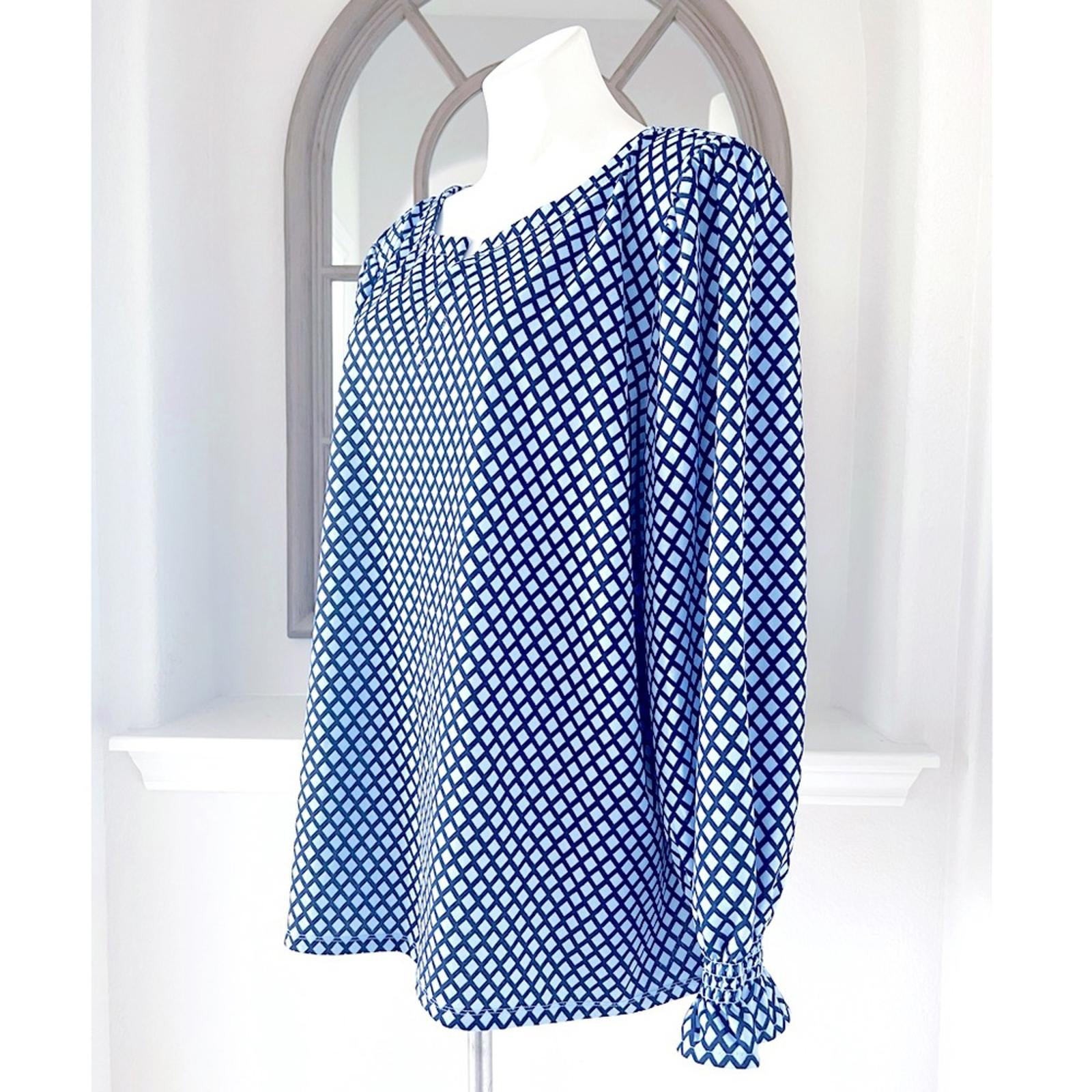 Talbots Smocked Cuff Blouse Trellis Print in Blue, Plus Size 3X NEW w/o Tag