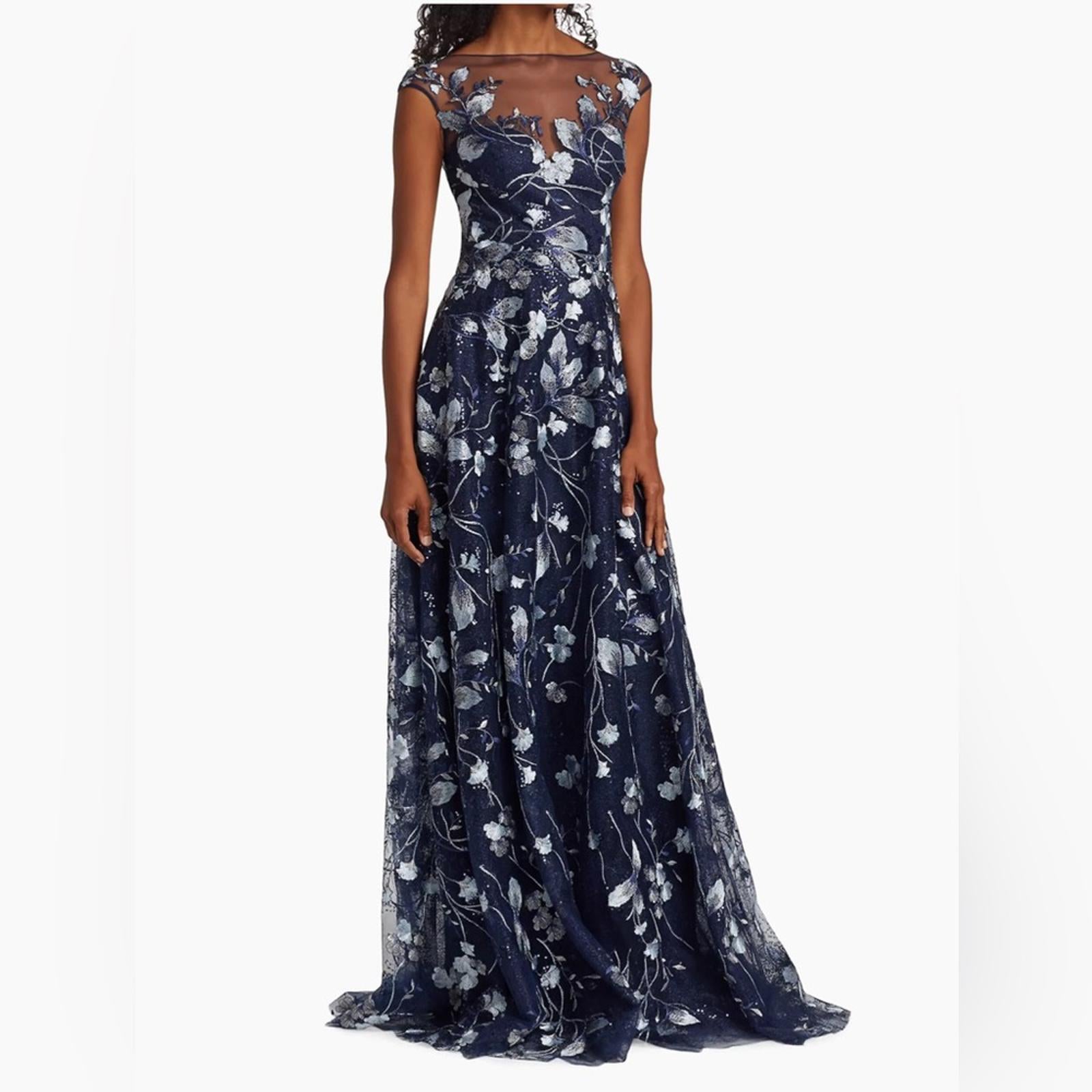 Teri Jon Embroidered Mesh Gown in Navy/Silver, NWT, Size 16