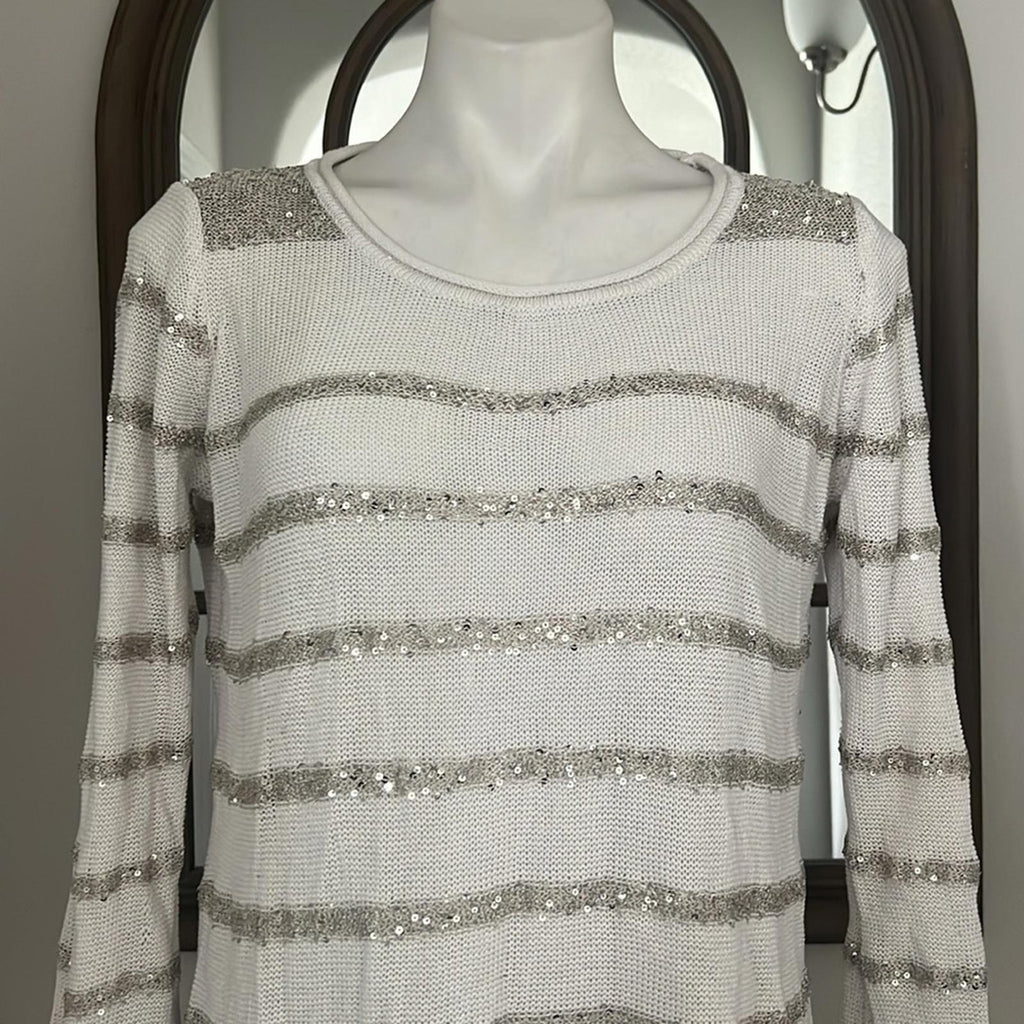 Belldini Elegant White/Silver Sequined Striped Women's Sweater Size XL EXCELLENT