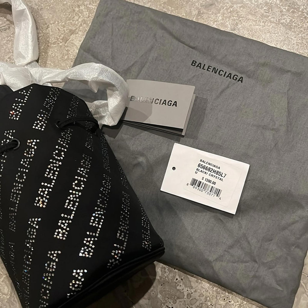 NEW Balenciaga Wheel XS Drawstring Bucket Bag, Black/Crystal $1,390 Sold Out