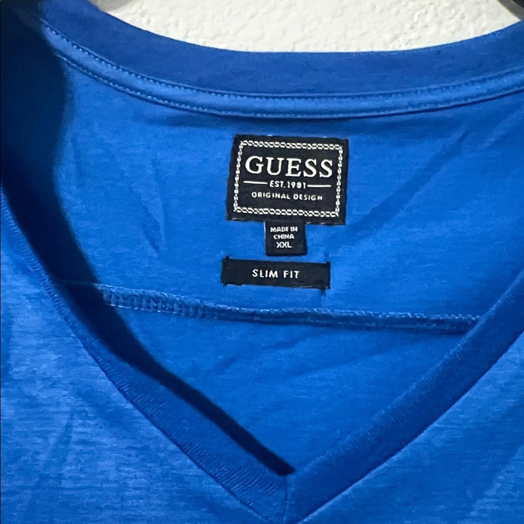 Guess Men's Mason Yoke V-Neck T-Shirt in Bright Zaffre/ Blue, Size XXL, NEW