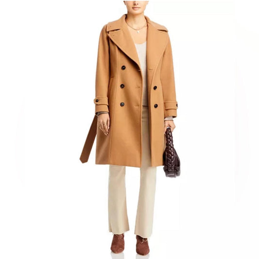 Norwegian Wool Notch Collar Double Breasted Coat, Camel Size XL New w/Tag $1,795