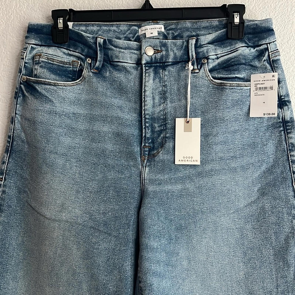 Good American High Rise Cropped Wide Leg Jeans in Blue Indigo, NWT, Size 16