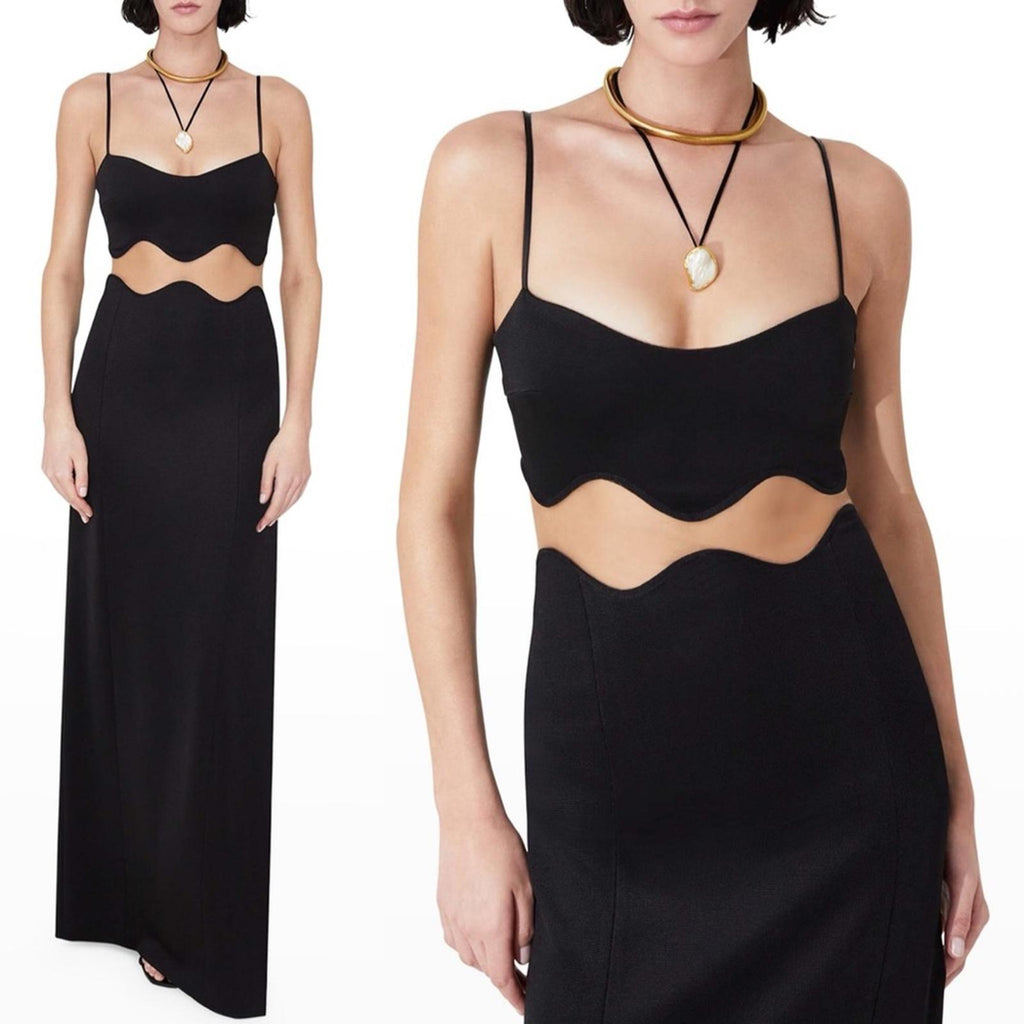 NEW Galvan Siren Wavy Mesh CutOut Maxi Dress, Size US8 | FR40 Black NWT $1,995