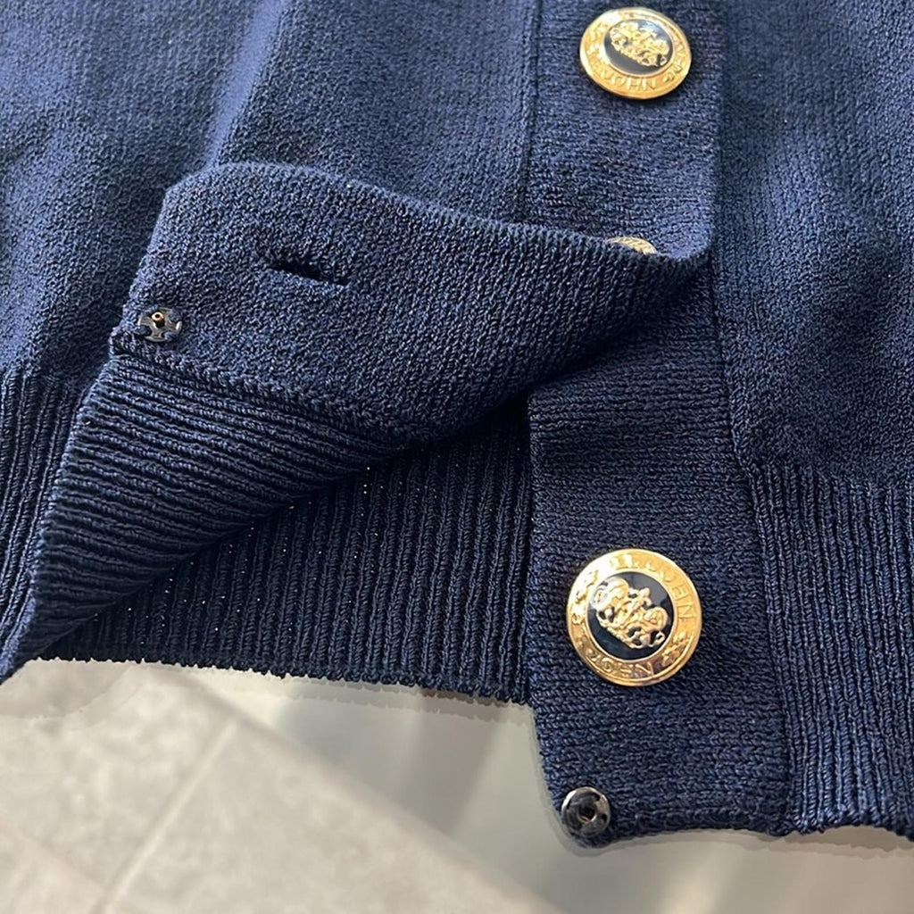 St. John Navy Knit Cardigan w/Signature Branded Buttons, Size S EXCELLENT!