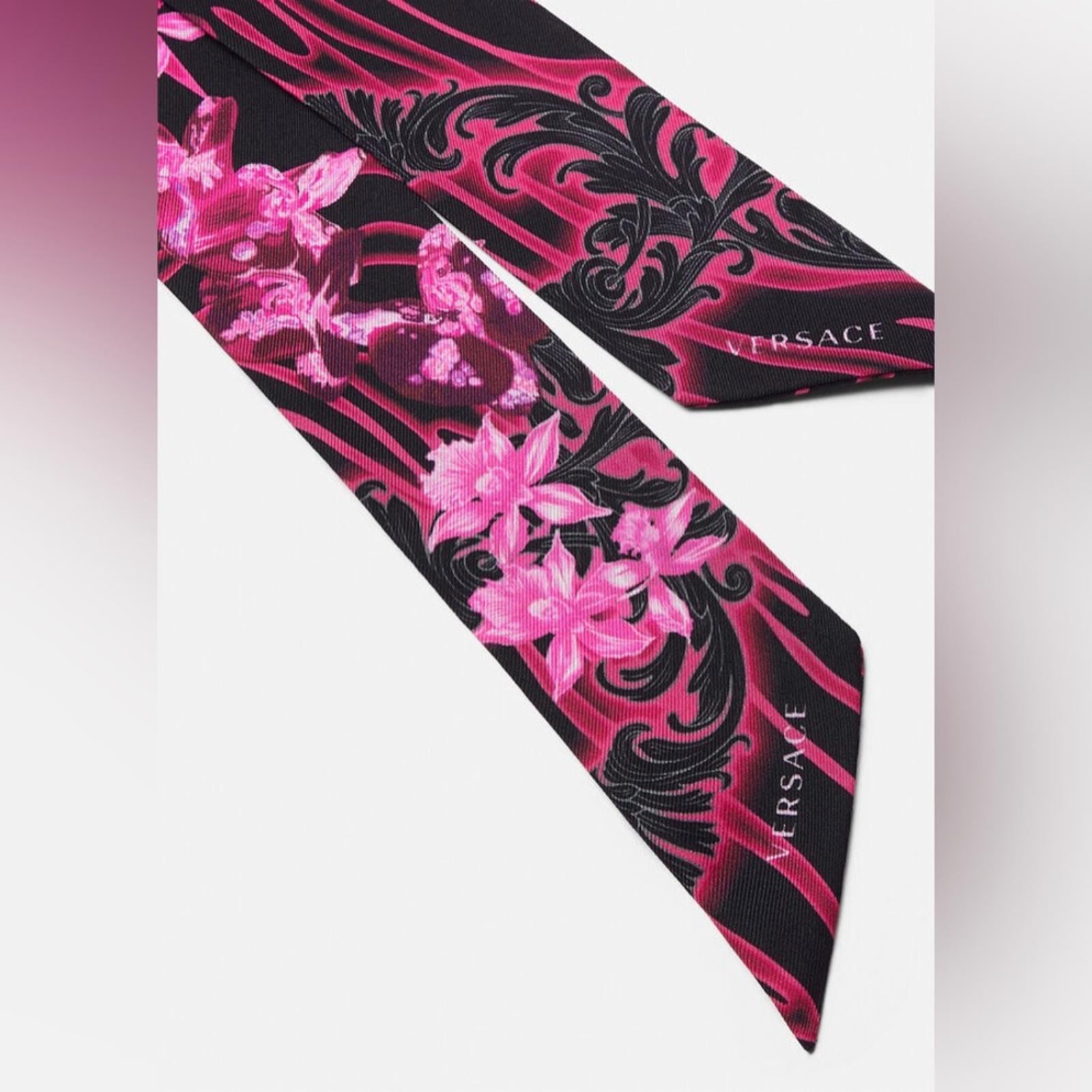 VERSACE Orchid Print Silk Skinny Scarf, NEW w/Tag