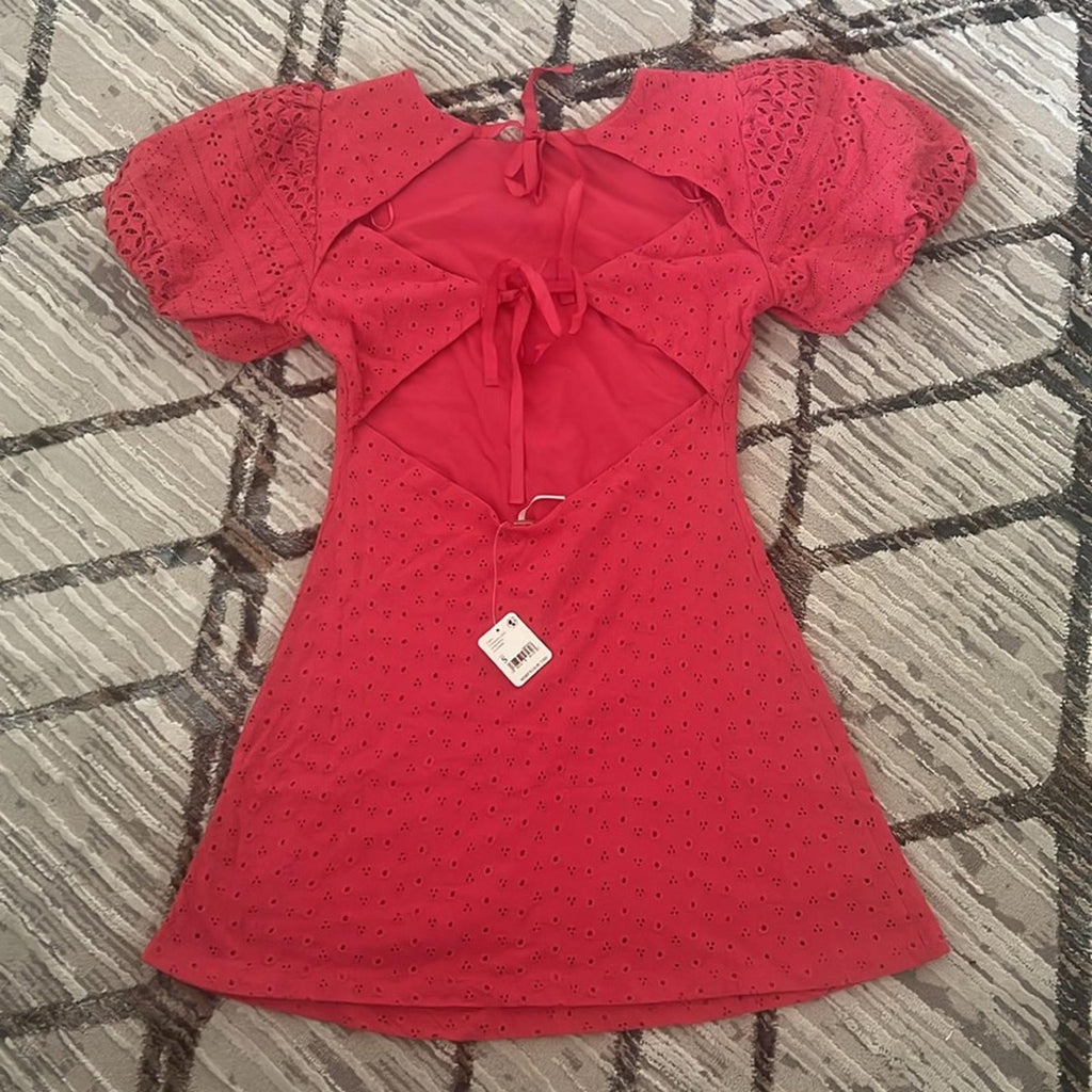 Free People Apricot Rose Eyelet Mini Dress in Strawberry Spritz, Size S NWT $138