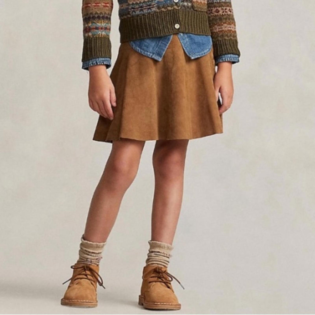 Polo Ralph Lauren Goat-Suede Leather Skirt Girls' Size 3, Maple New w/Tag $245