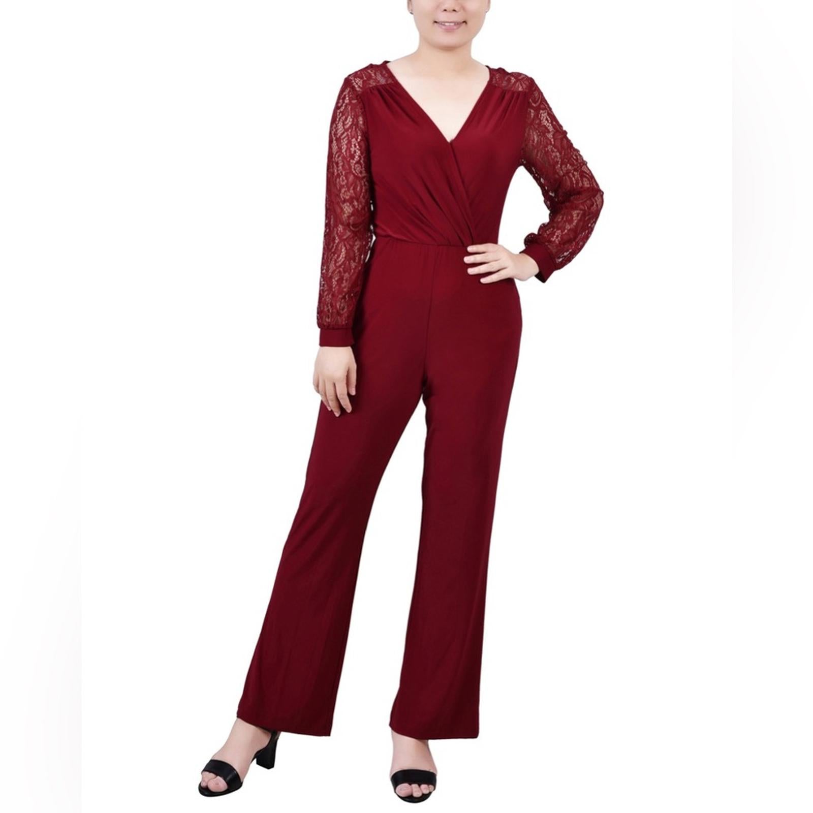 NEW NY Collection Jumpsuit with Lace Sleeves, Red Size XL New w/o Tag