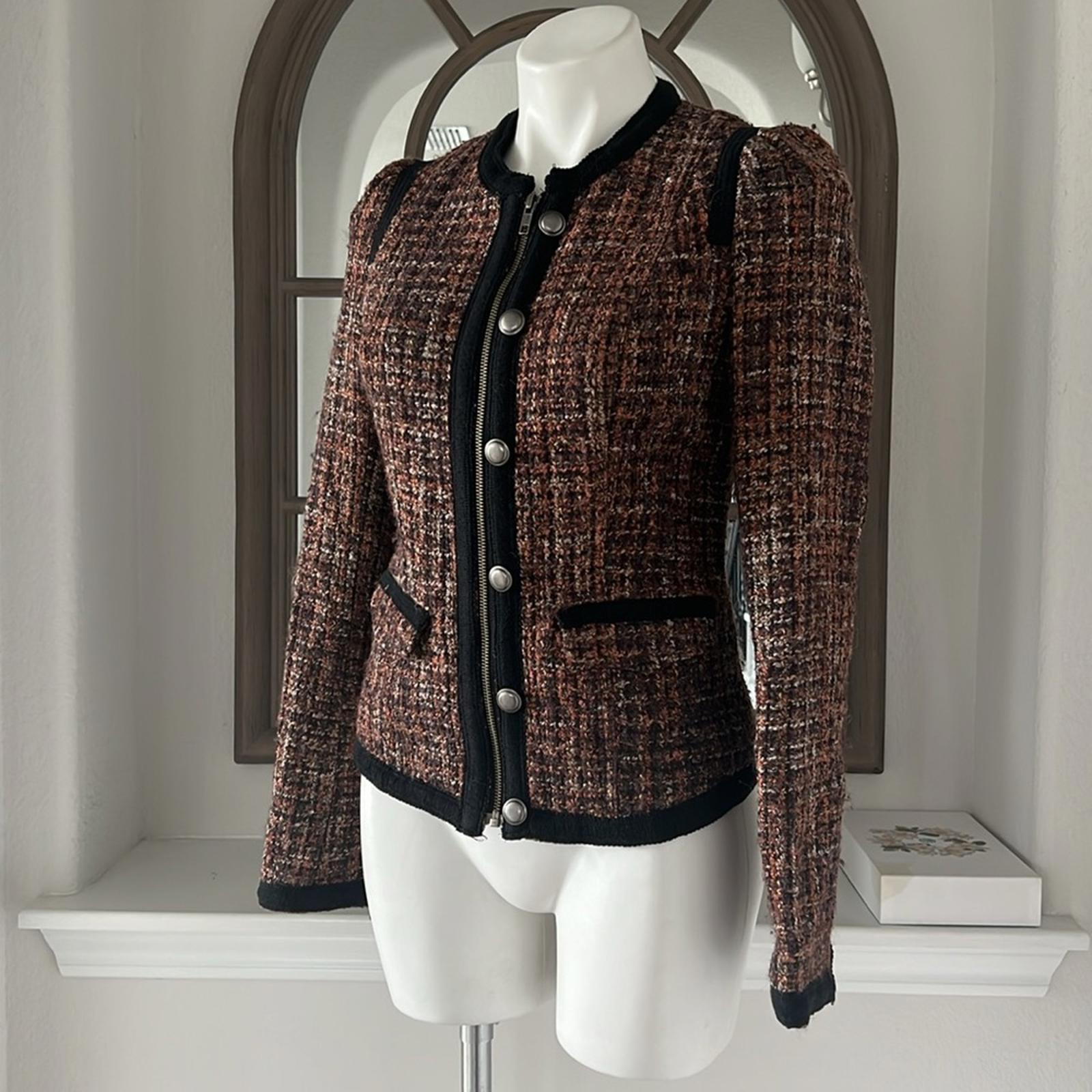 Free People Tweed Moto Jacket, Wool Brown/Purple w/Black Trim Size 4 Retail $198