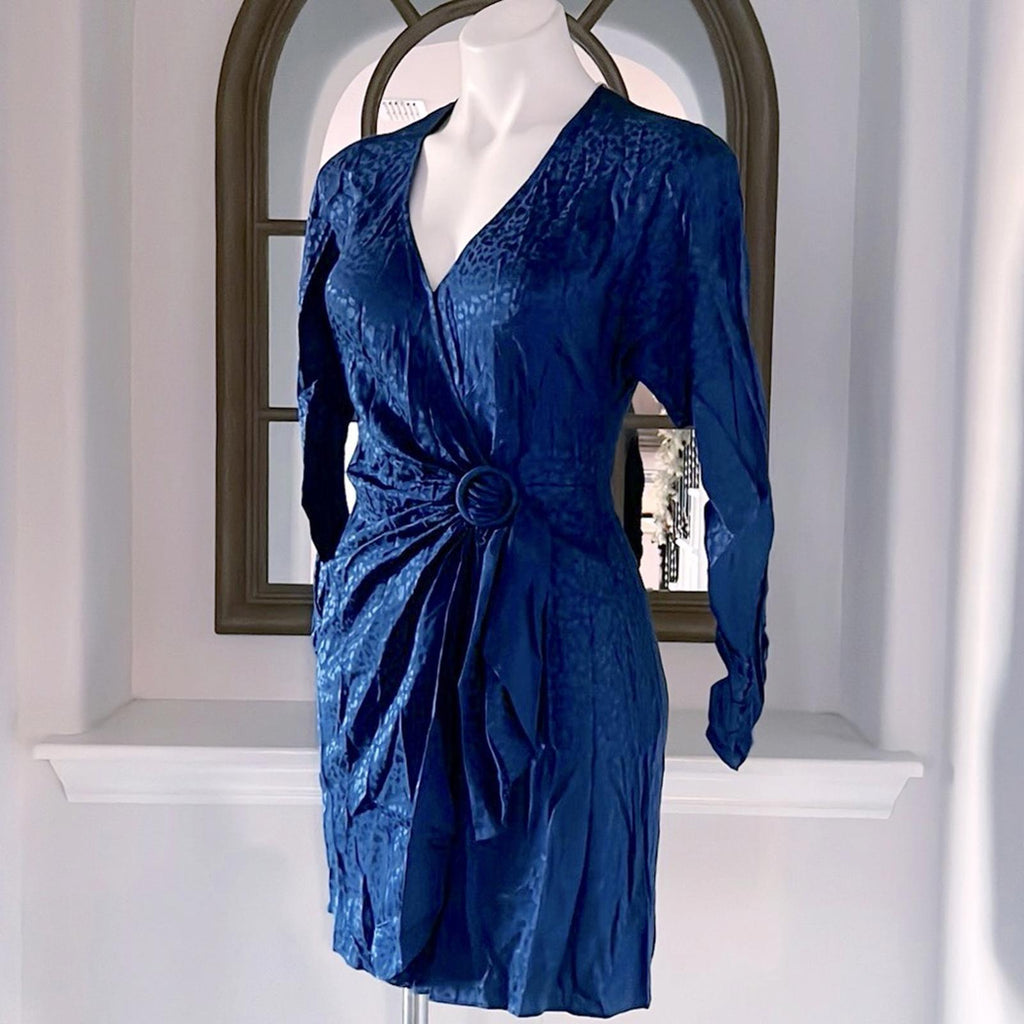 Parker Linda Cheetah-Print Faux-Wrap Silk Dress in Ultramarine Blue, Size 0 NWT